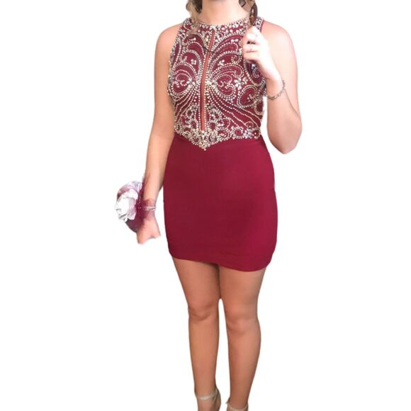 Burgundy Beaded Sequin Prom Dress - Picture 2 of 16